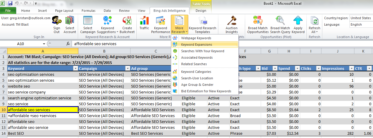Bing Ads Intelligence Keyword Expansions