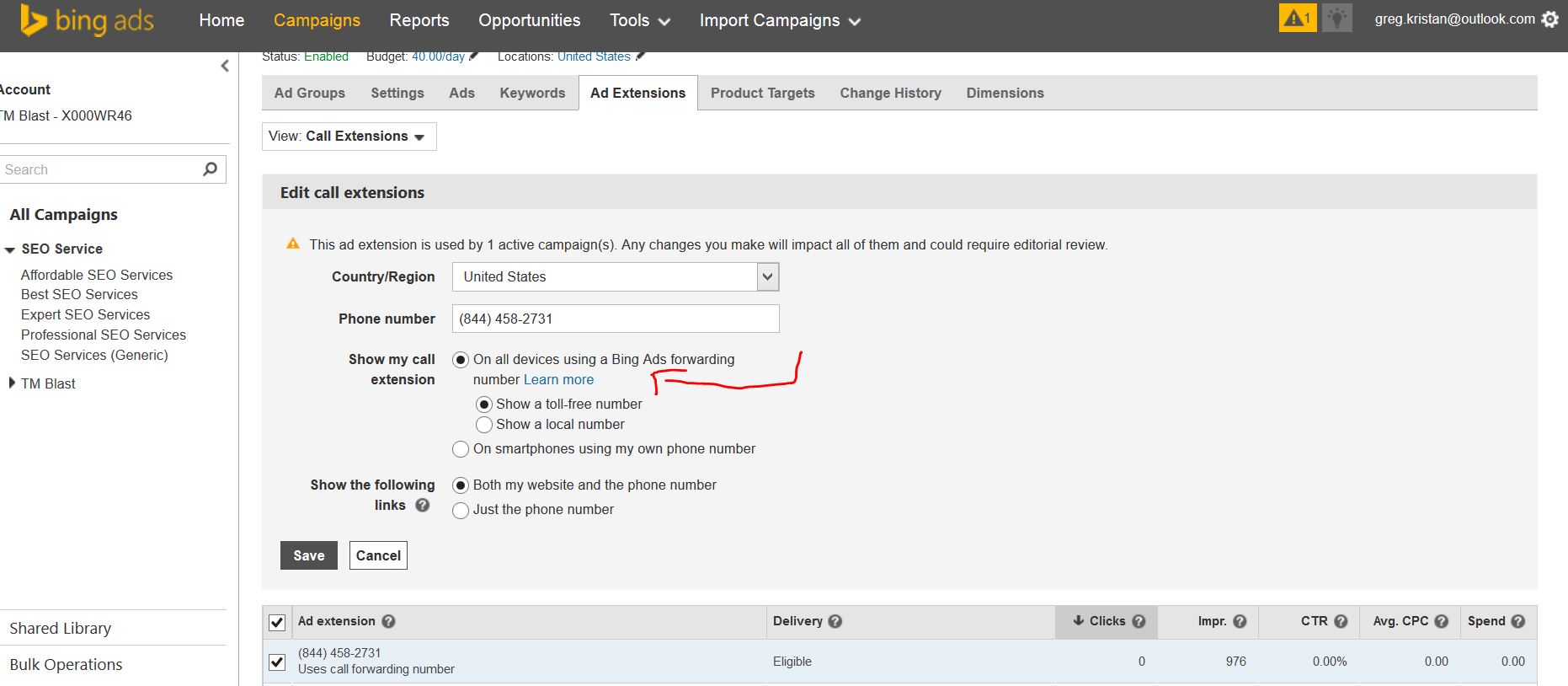 Create a Bing Ads Forwarding Number