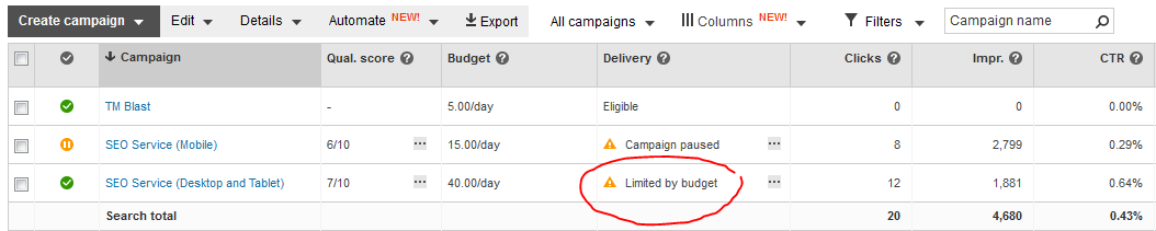 Limited Budget in Bing