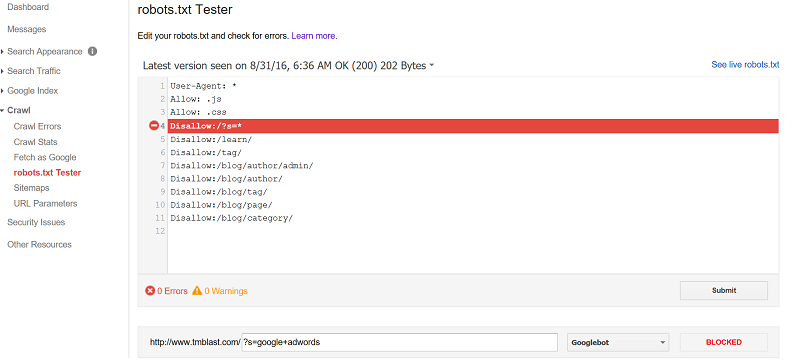 blocked url in robots txt file test in google search console