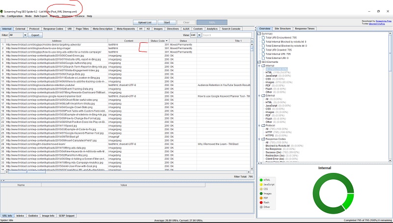 screaming frog pull of sitemap