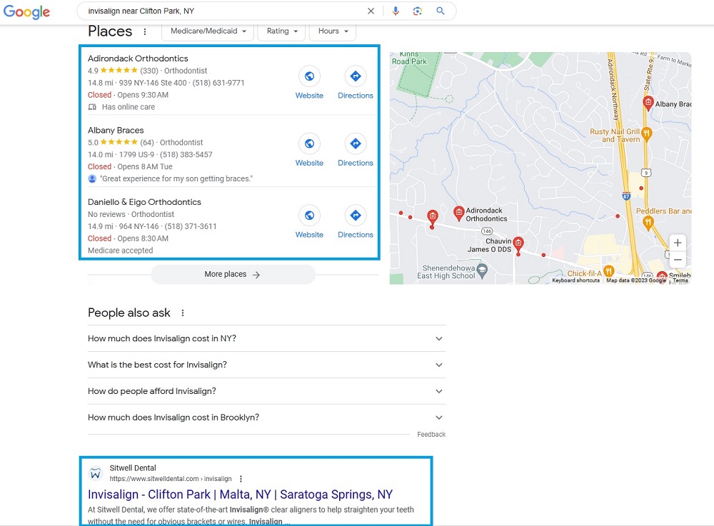 invisalign search showing google map pack listing and organic result